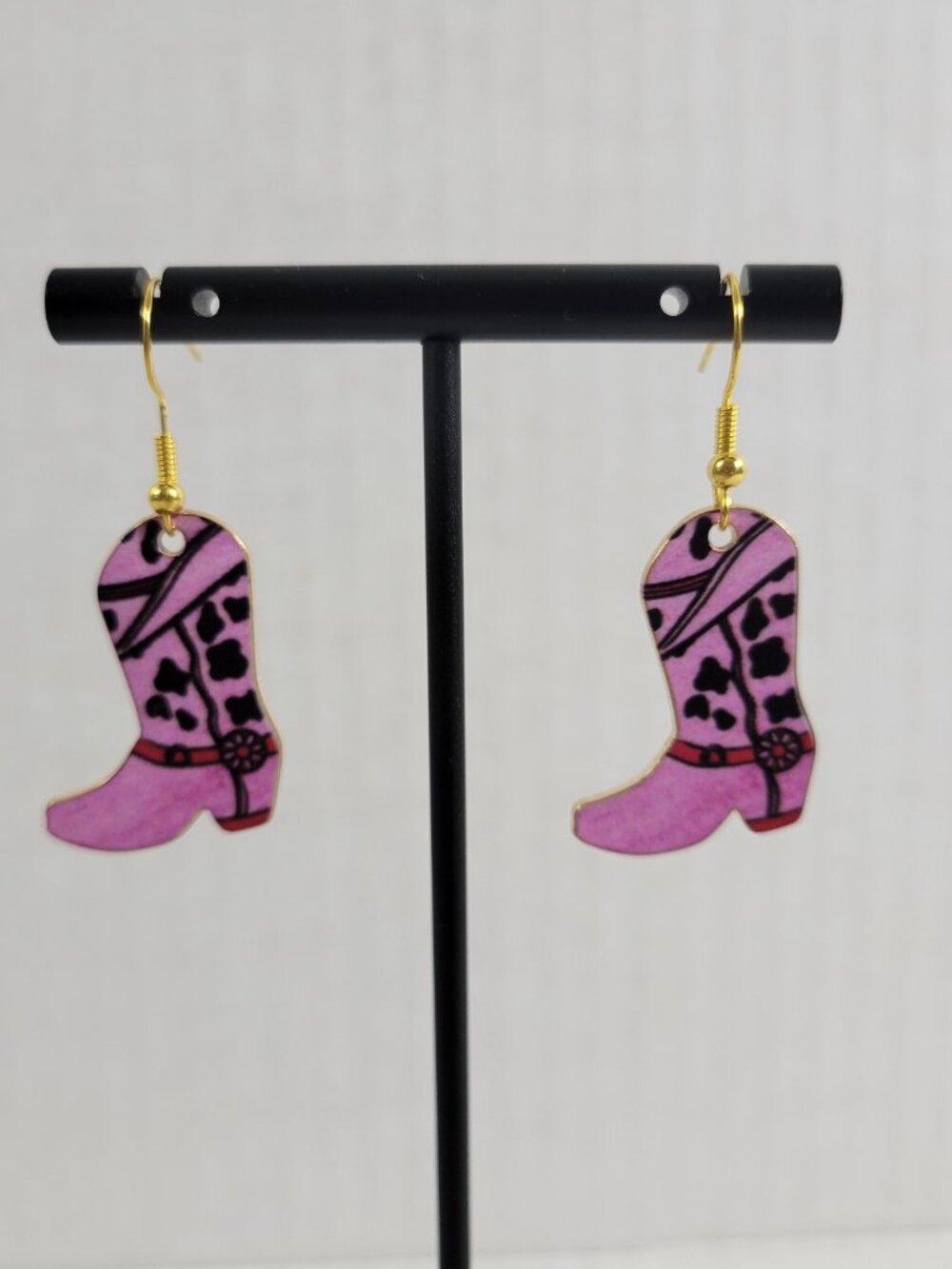 Pink Floral Cowgirl Boot Earrings Gold Tone Western Rodeo Dangle Drop E7E